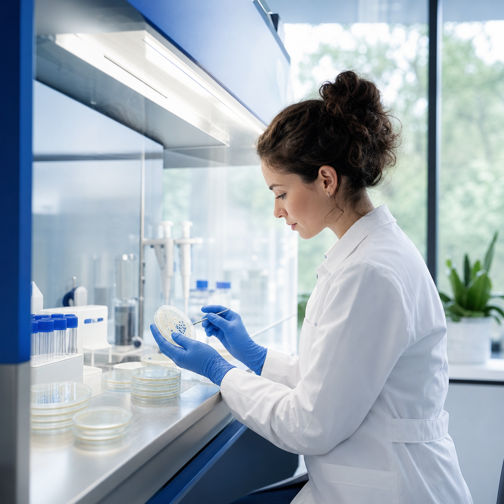 Microbiologista de jaleco e luvas azuis inspecionando placas de Petri em capela de fluxo laminar